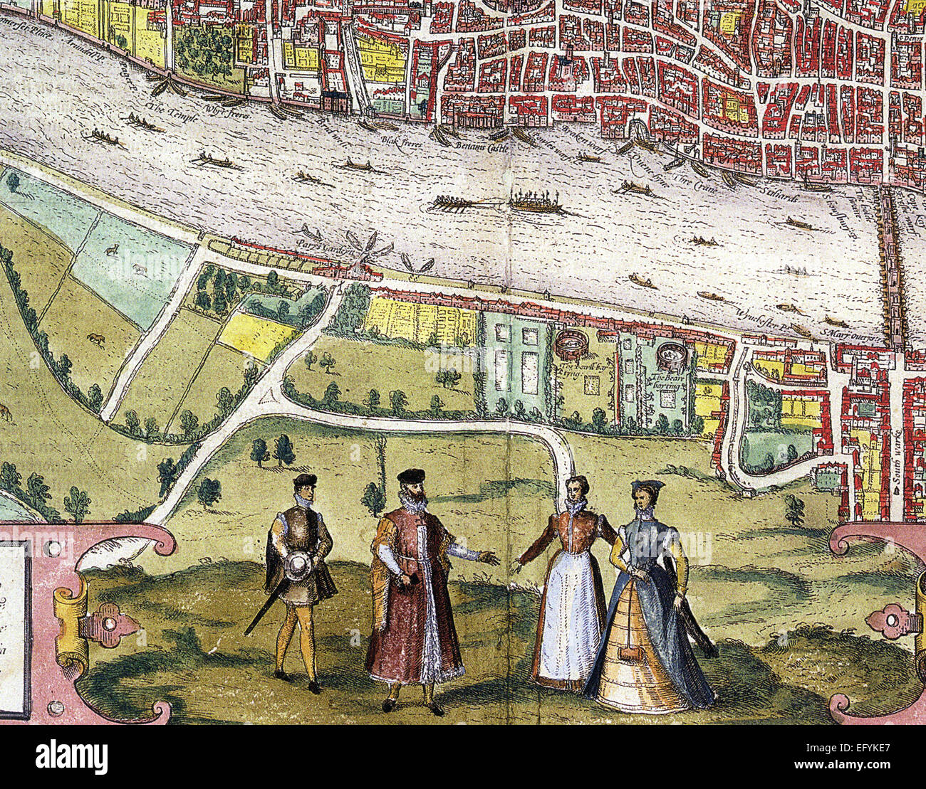 ELIZABETHAN BANKSIDE, Londra incisi da Frans Hogenberg pubblicato nella civitas Orbis Terrarum nel 1572. Il Globe Theatre sul sito è stato costruito in 1599 Foto Stock