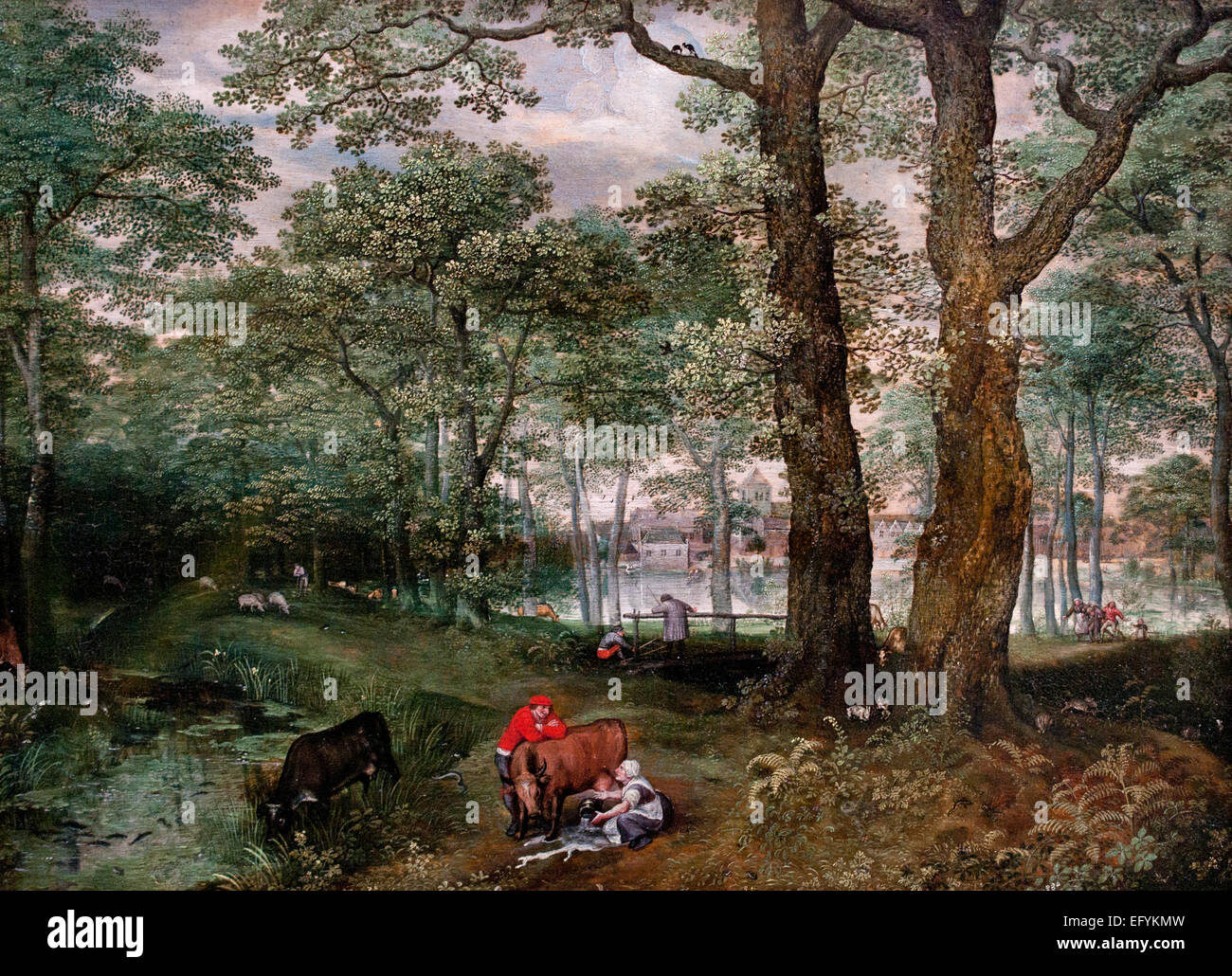 Gli animali pascolano sotto alberi 1573 Lucas van Valkenborch - 1535 - 1597 pittore fiammingo di paesaggi principalmente Belgio belga Foto Stock