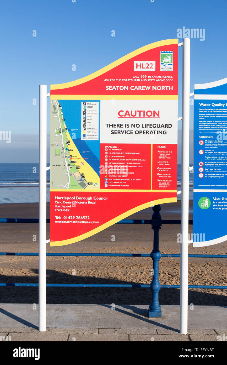 Spiaggia di segno di avvertimento a Seaton Carew Foto Stock