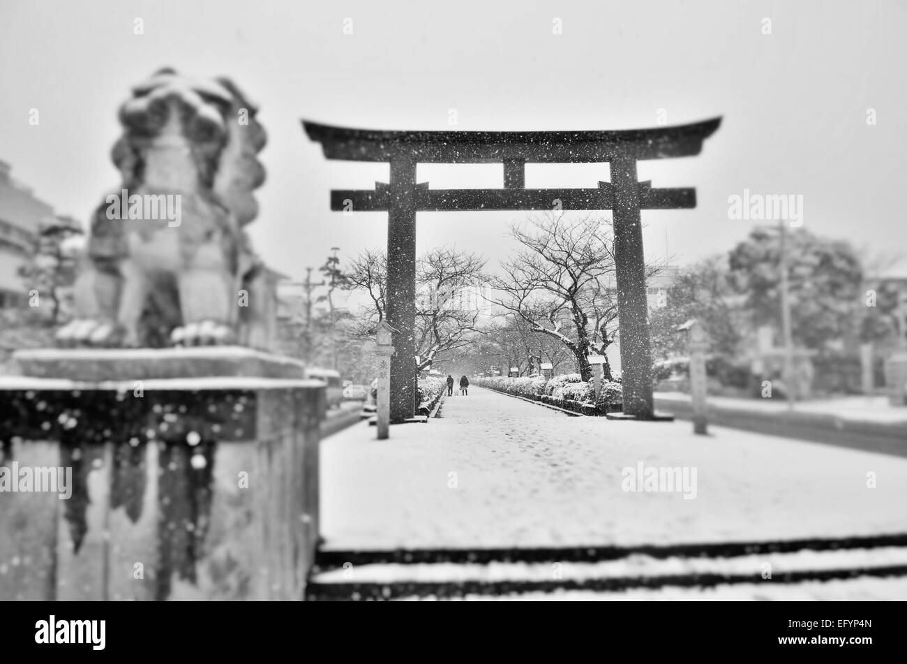 Un torii gate in Kamakura, Giappone durante una tempesta di neve. Foto Stock