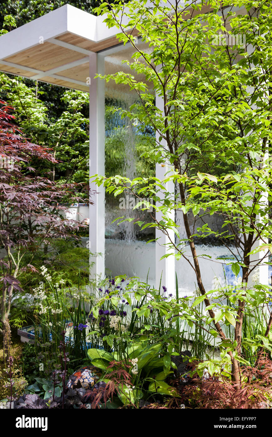 Padiglione di colore bianco con incorporato muro d'acqua e trampolino con stile giapponese piantagione con Acer japonicum Foto Stock