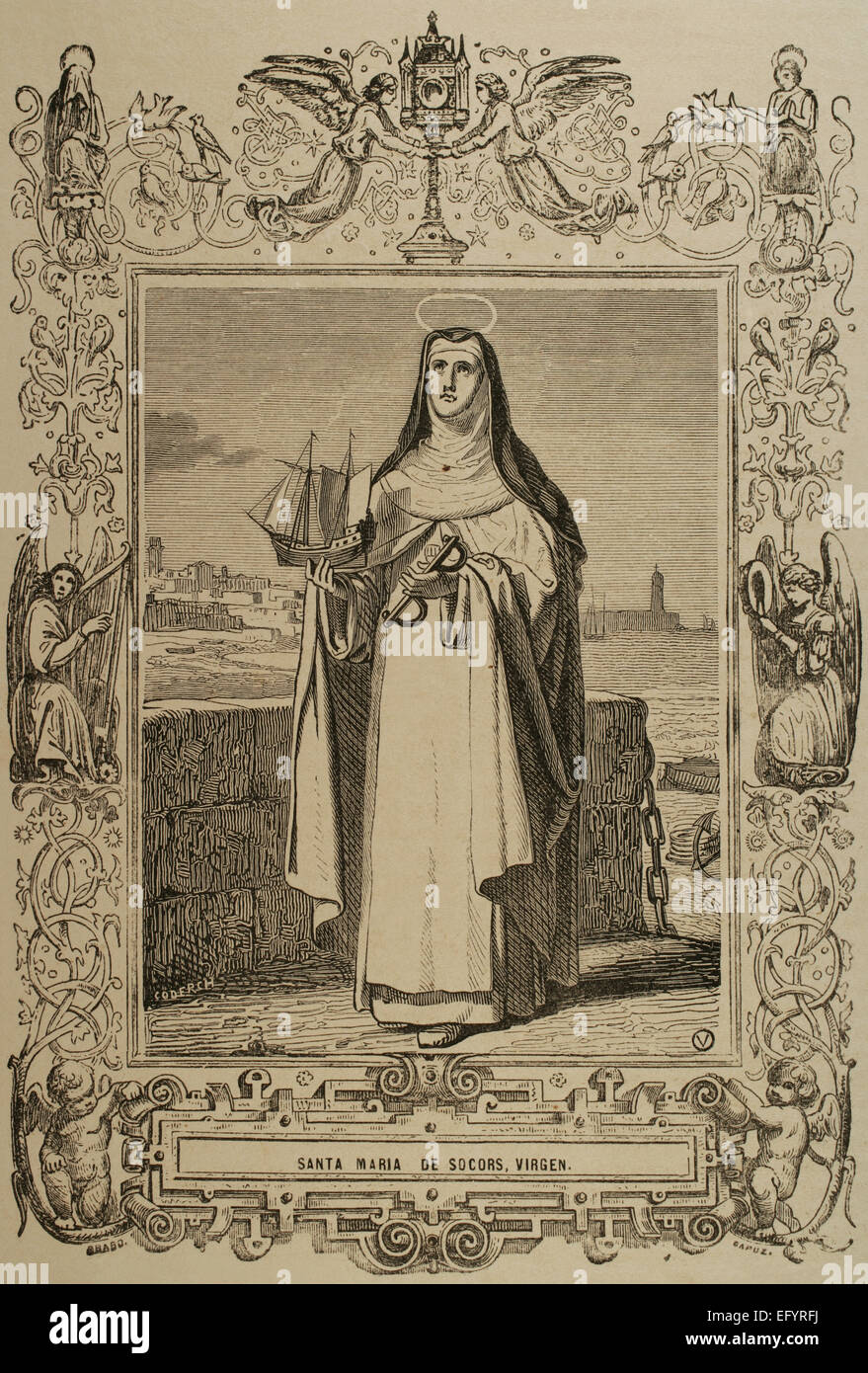 Maria de Cervello (1230-1290). Primi religiosi dell Ordine della Beata Vergine Maria della Misericordia. Noto anche come María del Socorro. Incisione di Coderch, 1852. Foto Stock