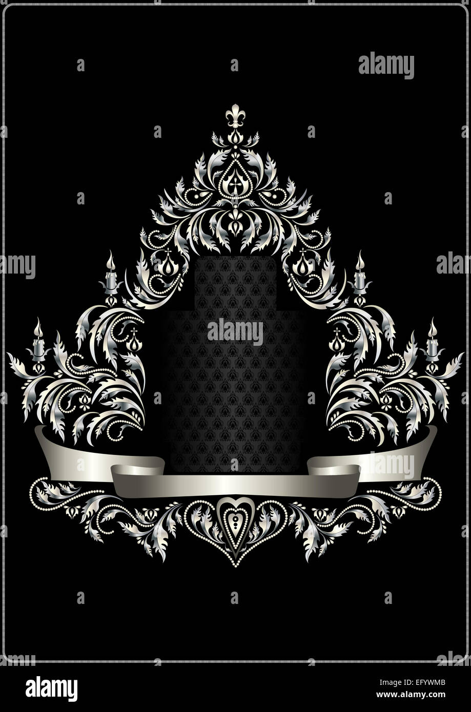 Argento antico con telaio di araldica e nastro decorativo Foto Stock