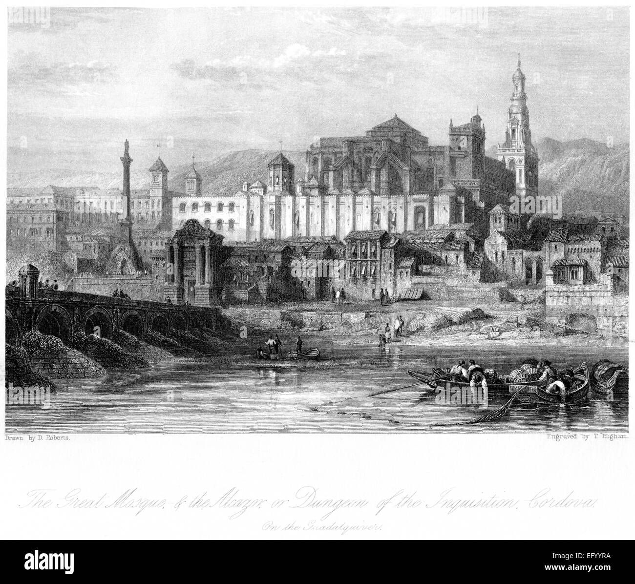 La Grande Moschea e l'Alcazor o Dungeon dell'Inquisizione, Cordova (Cordoba), sul Guadalquivir scansionato da un libro stampato nel 1845. Foto Stock