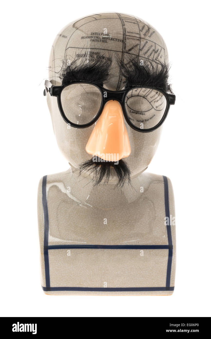Un comitato scientifico Phrenology testa con un divertente naso e occhiali - sfondo bianco Foto Stock
