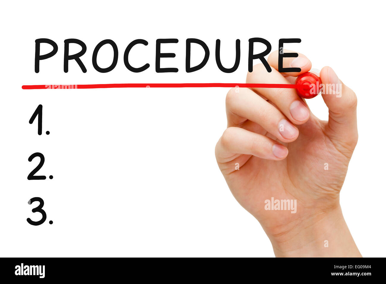 La scrittura a mano elenco di procedure con marcatore isolato su bianco. Foto Stock