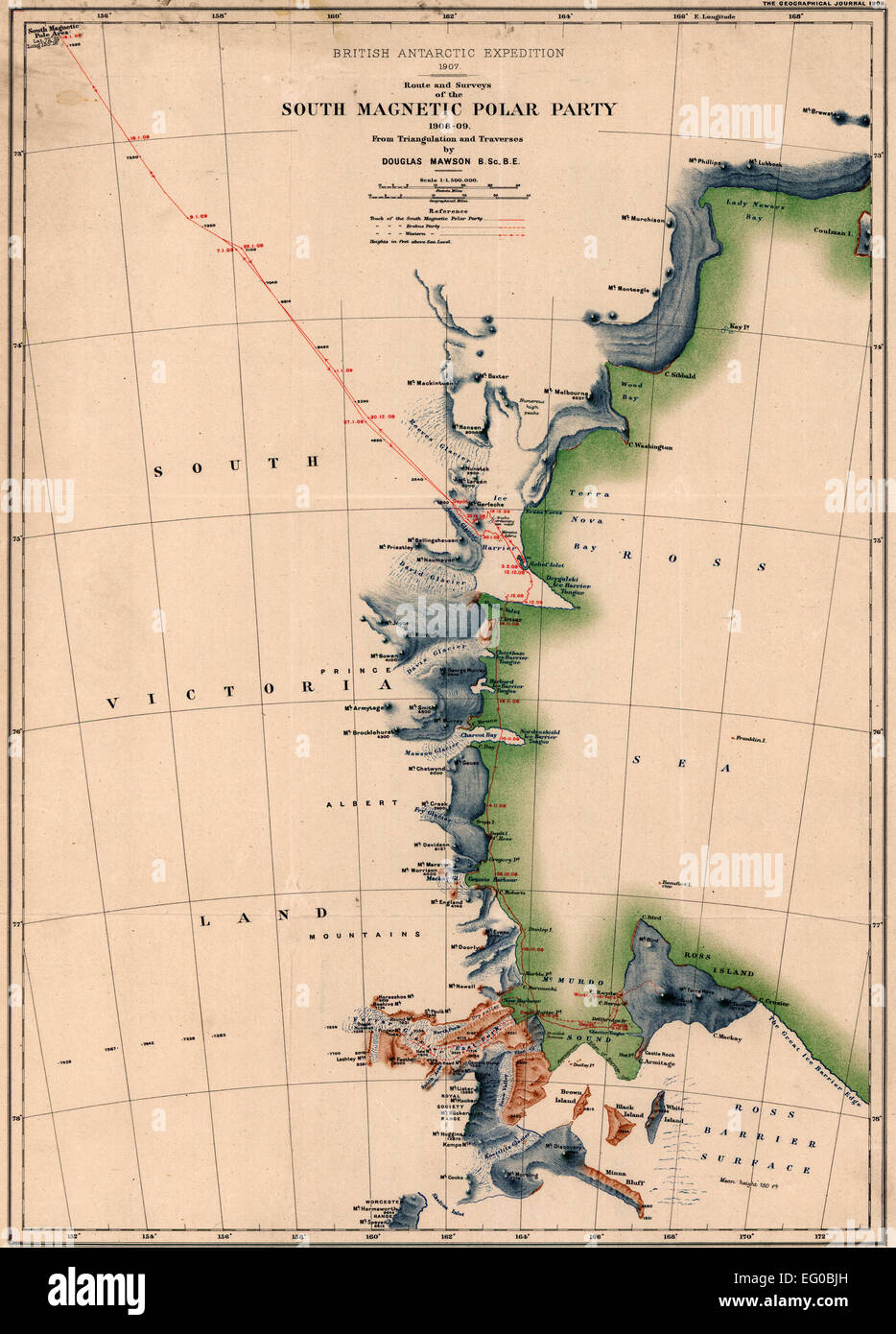 Percorso e le indagini del sud magnetico Partito polare, 1908-09. British Antarctic Expedition--(1907-1909) Foto Stock