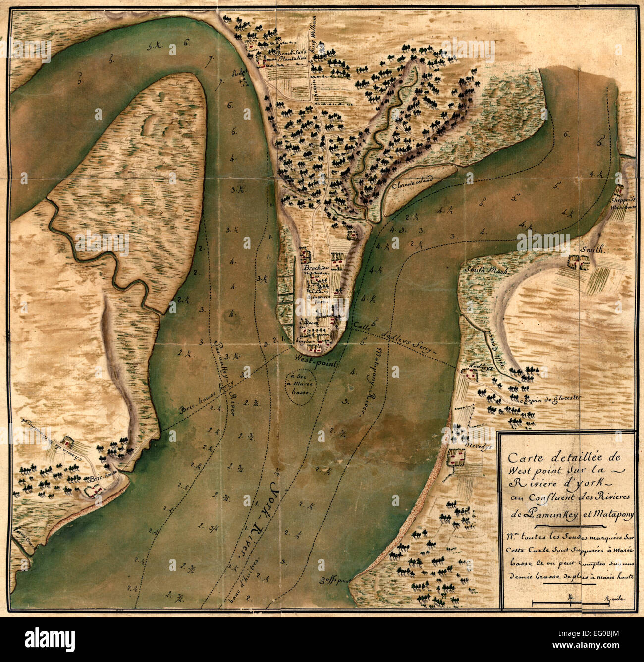 Mappa dettagliata di West Point sul fiume York alla confluenza dei fiumi e Pamunkey Matapony, circa 1781 Foto Stock