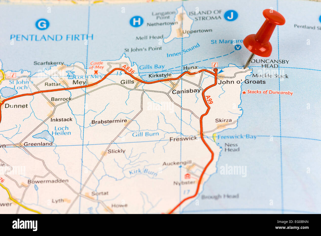 Mappa stradale di John O Groats con perno rosso Foto Stock