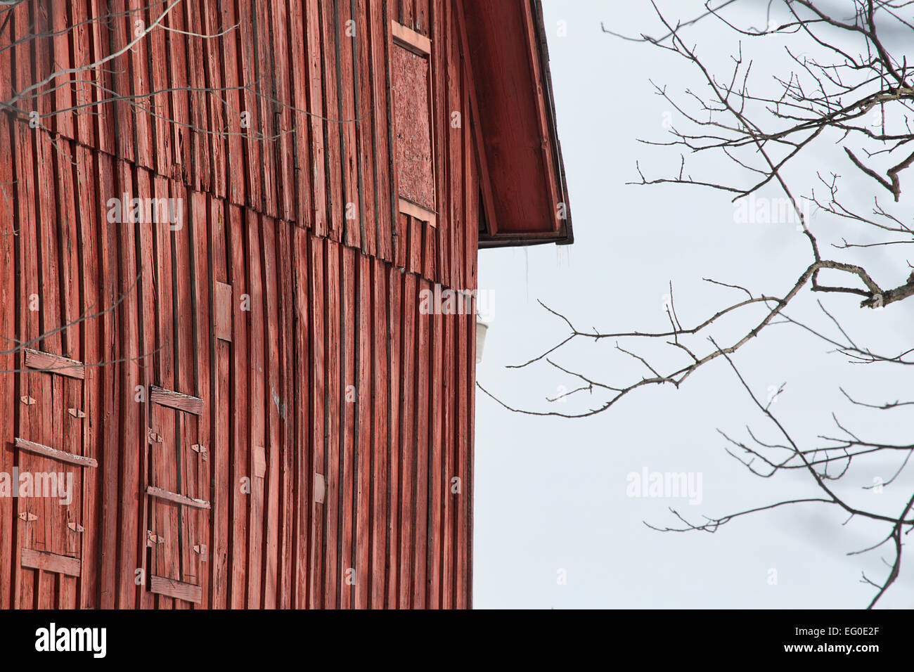 Dettagli di un granaio rosso sparato contro il bianco cielo d'inverno. Foto Stock