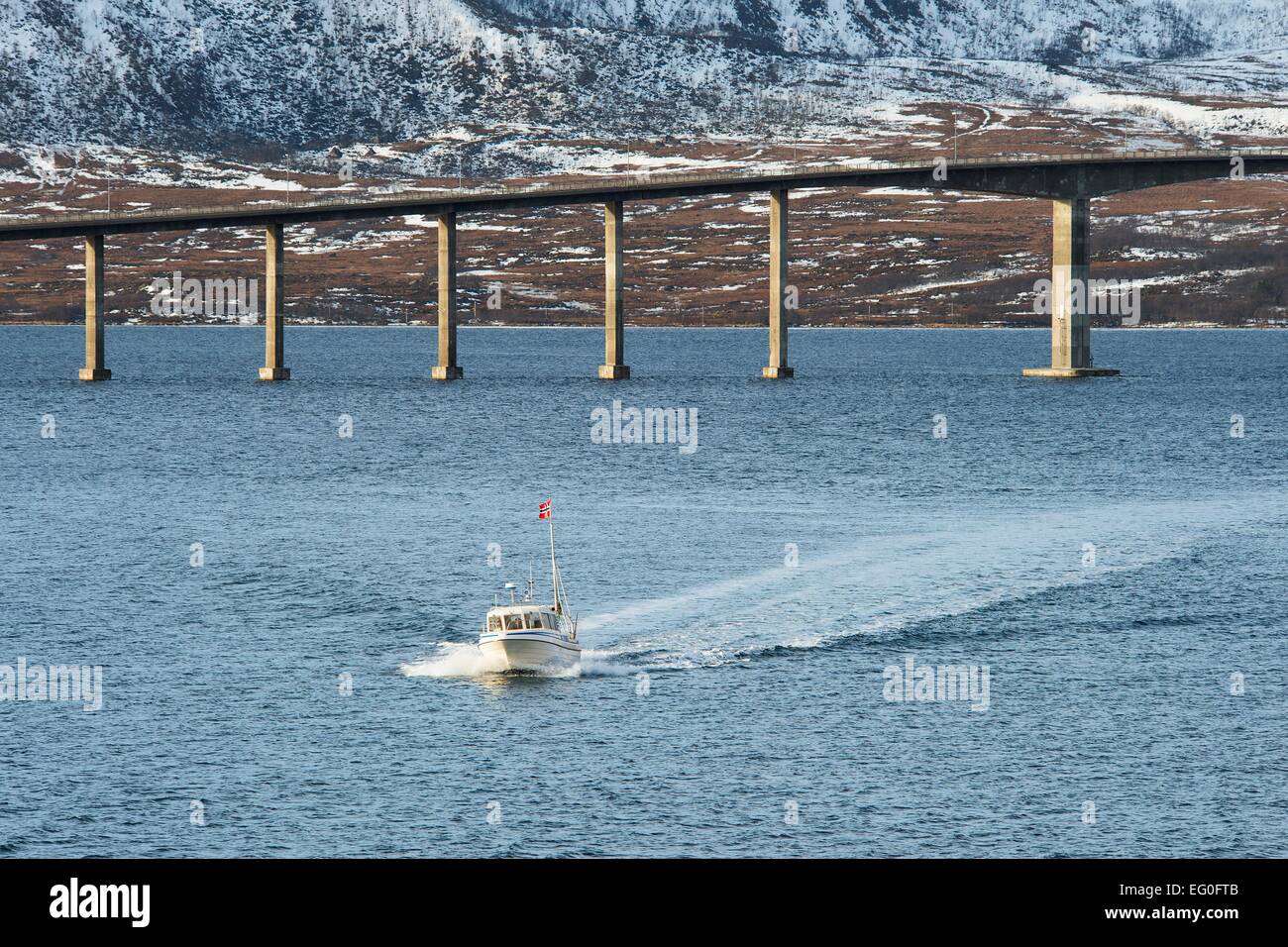 Veloce barca bianca vicino a Risøyhamn nella parte anteriore del ponte di pile e la montagna-lati dell'isola Andøya, 26 Febbraio 2014 Foto Stock