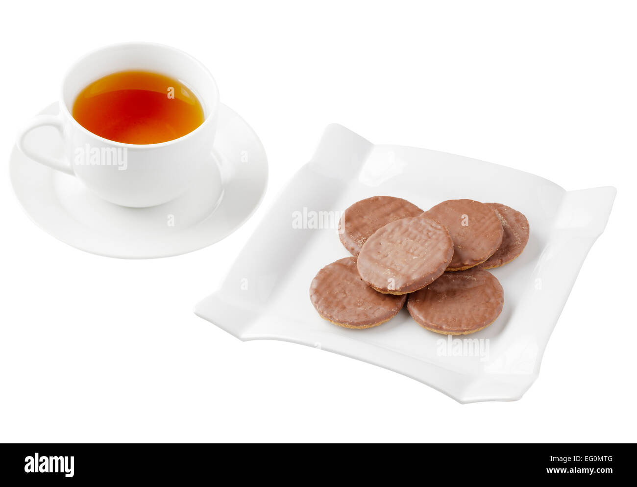 Tazza di tè e biscotti al cioccolato Foto Stock