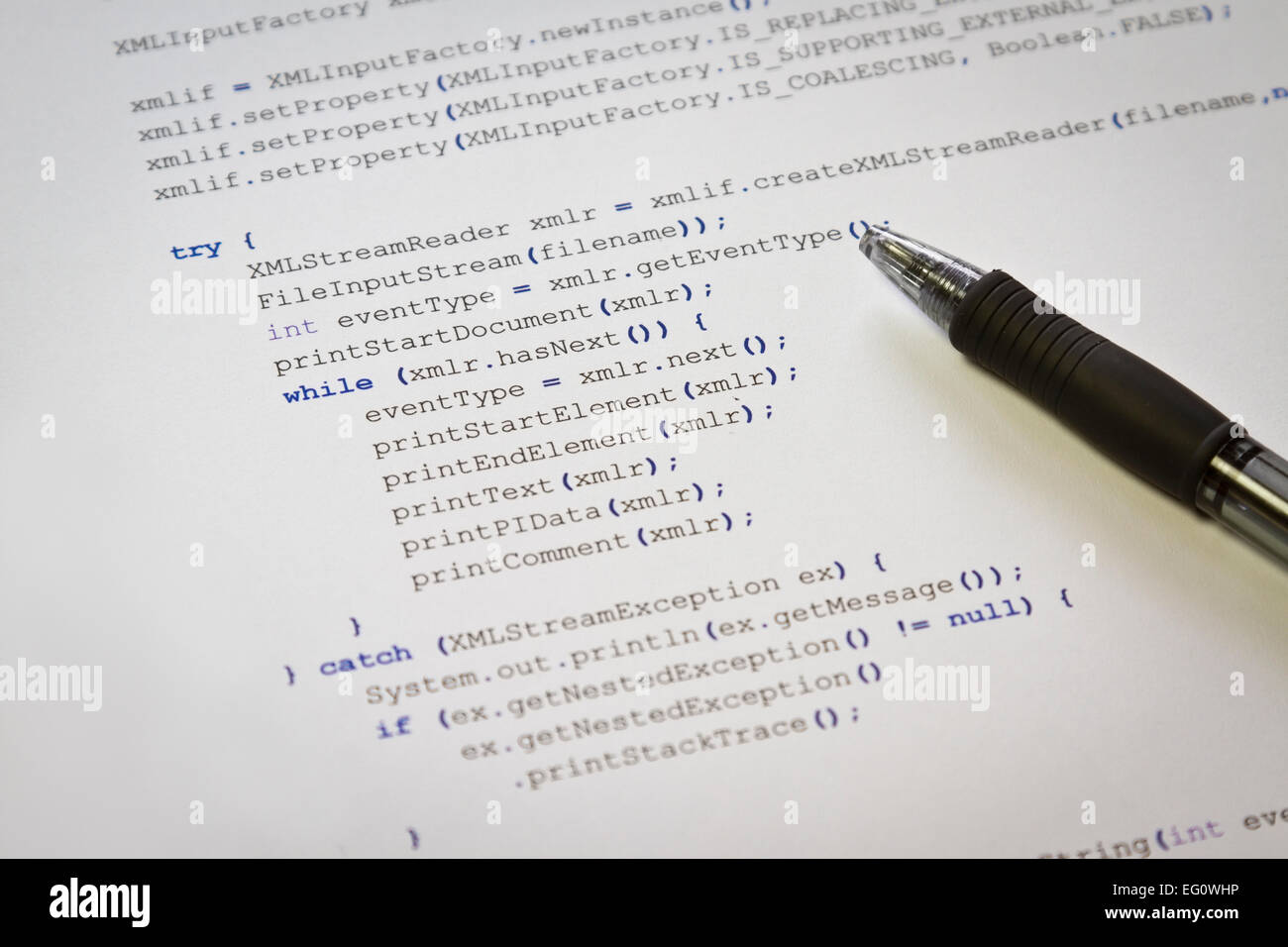 Un programrg con Java il codice del computer. Software / codice di programma di applicazione. Parser XML. Foto Stock