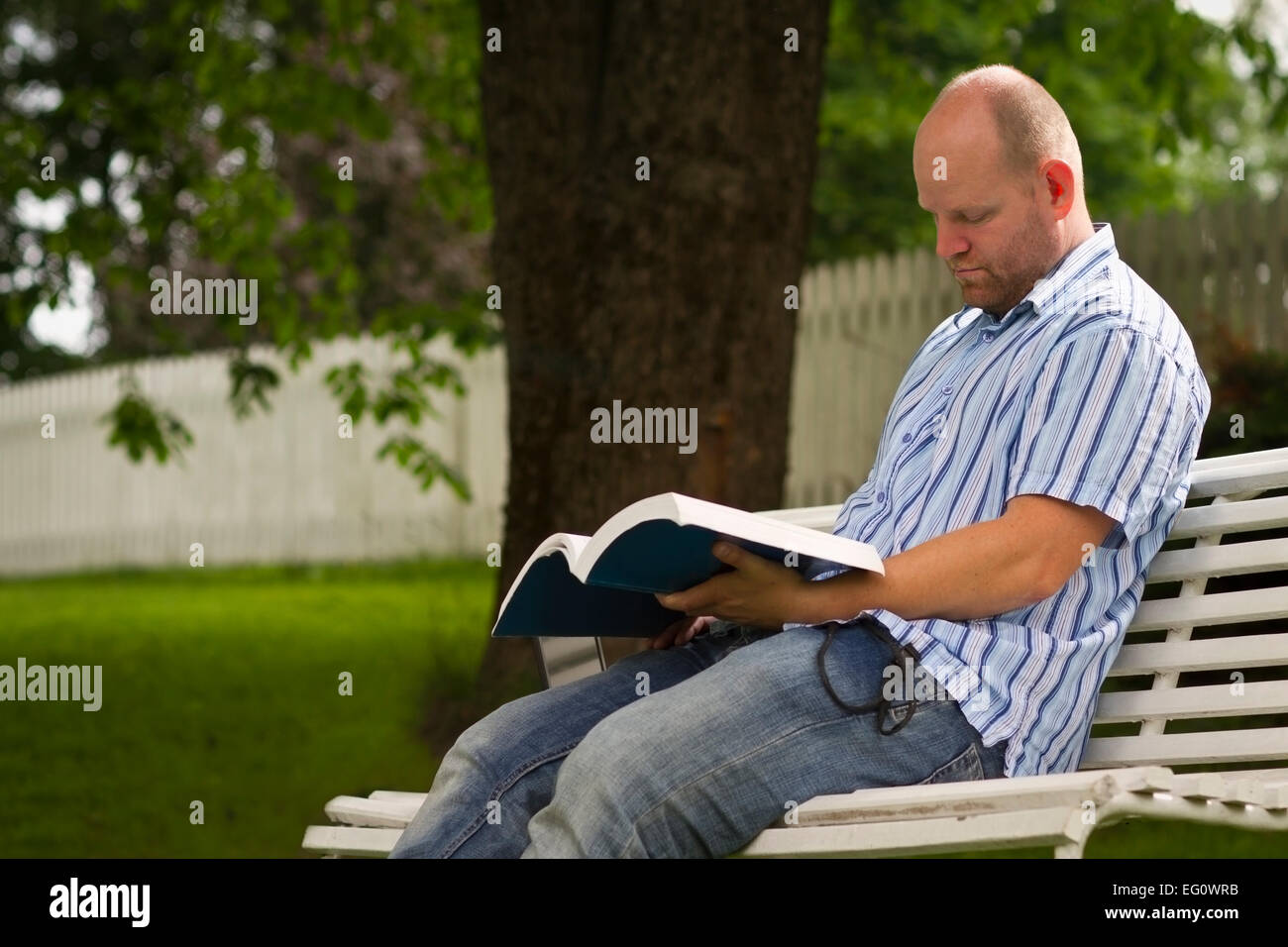 Un uomo focalizzata la lettura / studiando un libro in un parco. Seduta su una panchina con un libro e un computer portatile. Foto Stock