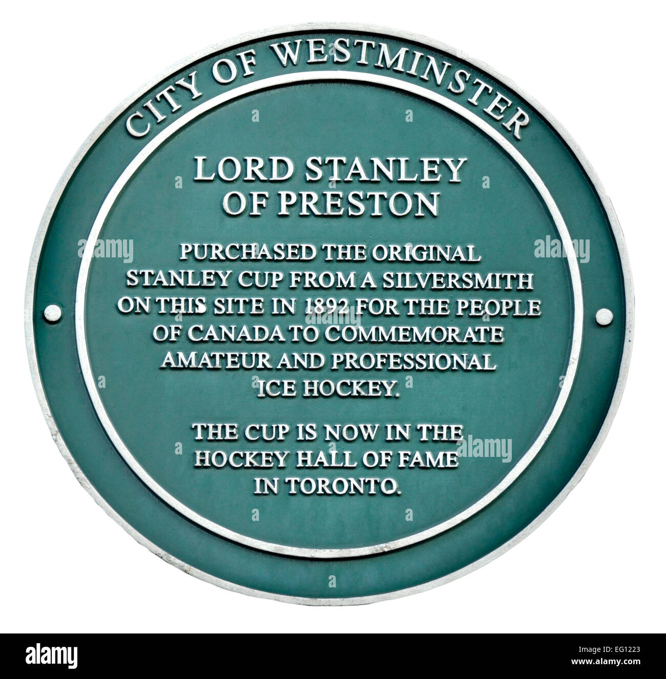 Londra, Inghilterra, Regno Unito. Una lapide commemorativa: posto dove la Stanley Cup (Canadian Hockey su ghiaccio) è stato acquistato nel 1892. Regent St Foto Stock
