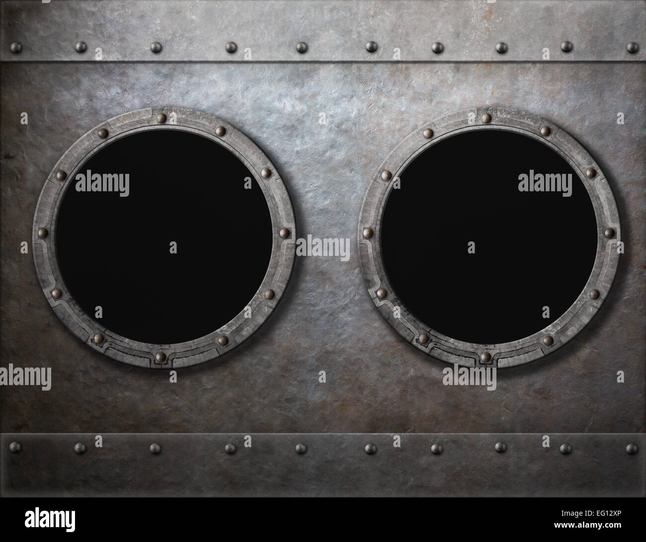 Sottomarino o old ship due oblò telai metallici sullo sfondo Foto Stock