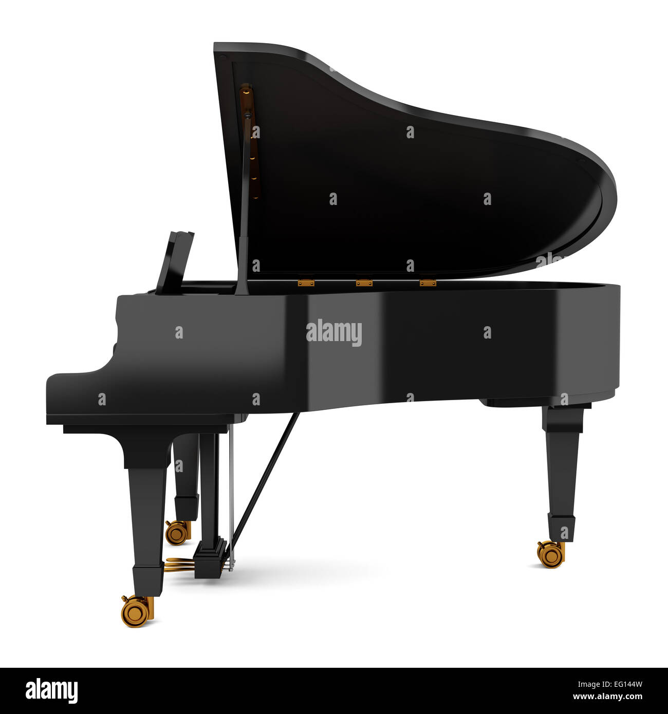 Vista laterale del nero pianoforte isolati su sfondo bianco Foto Stock