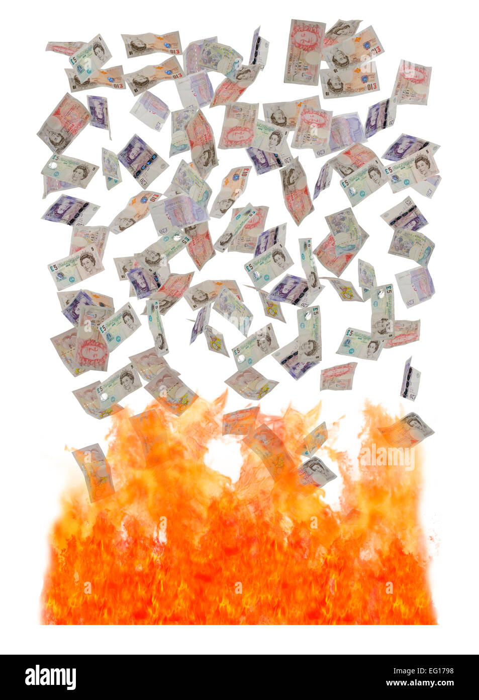 Concetto di immagine del british banconote cadere nel fuoco Foto Stock