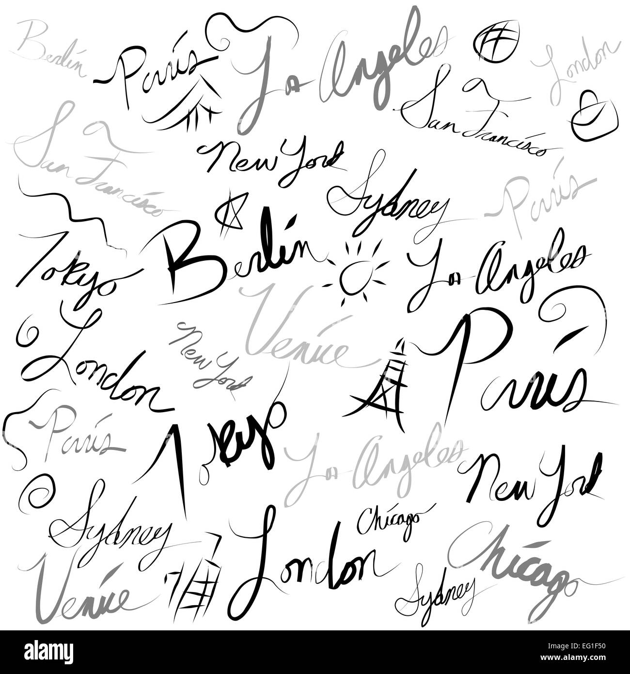 Una immagine di una località di viaggio calligrafia scarabocchio. Foto Stock