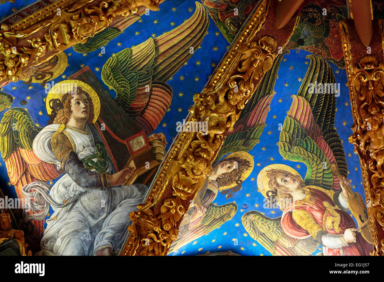Affresco con angeli sul soffitto, Cattedrale di Valencia, Valencia, Comunità Valenciana, Spagna Foto Stock