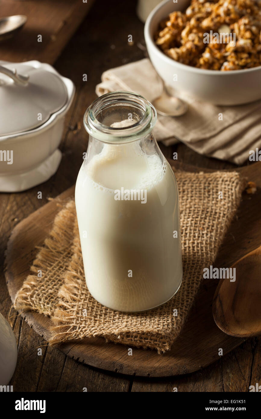 Organico rinfrescante bianco latte intero in una bottiglia Foto Stock