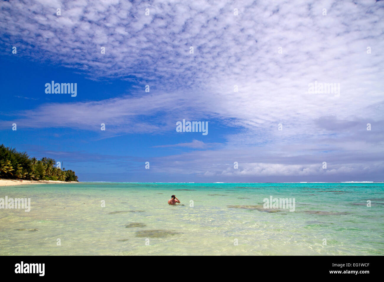 Snorkeller sulla barriera corallina di Rarotonga Foto Stock
