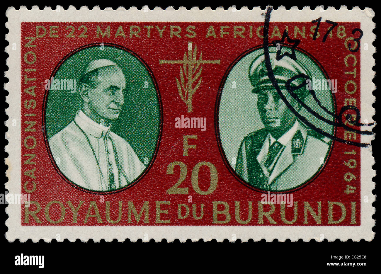 BURUNDI - circa 1964: un timbro stampato in Burundi mostra Papa Paolo e Re Mwambutsa IV, Canonizzazione di 22 martiri africani, circ Foto Stock