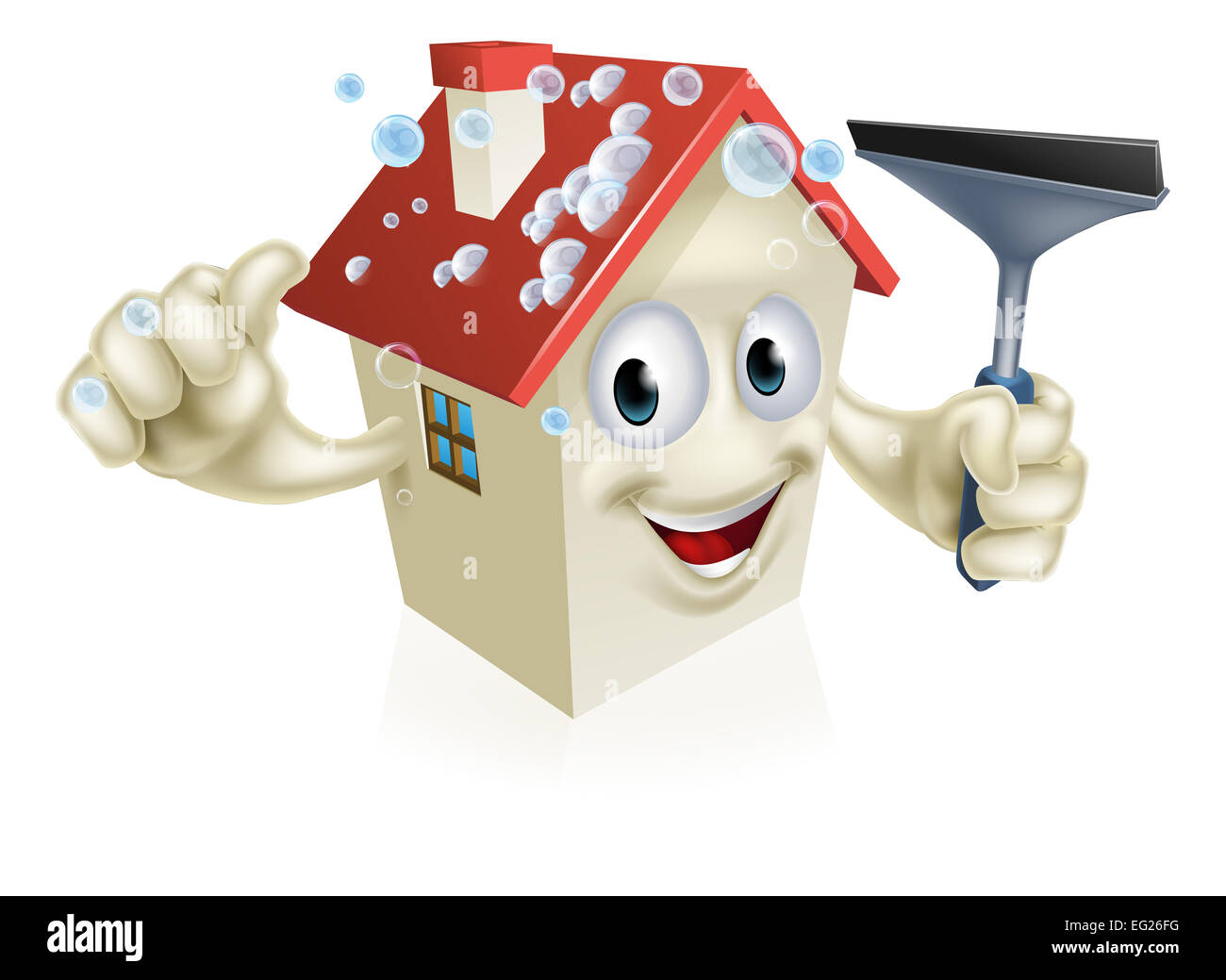 Una casa di cartone animato mascot tenendo un tergipavimento con bolle di sapone sul tetto Foto Stock