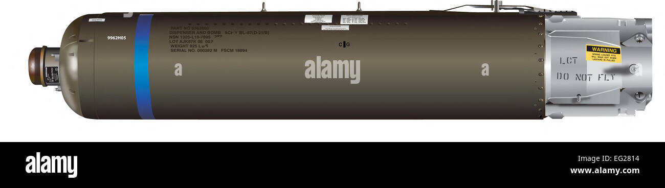 Il CBU-87/89/97 effetti combinati munizione/Gator/sensore arma spoletta funzione primaria: Tutti gli impieghi, aria-cluster Consegnato sistema di armi. Dimensioni: lunghezza 7 m. 8.; diametro 1 ft. 3 a. Combina con vento cor- rected tailkit munizioni per creare il CBU-103/104/105. Foto Stock