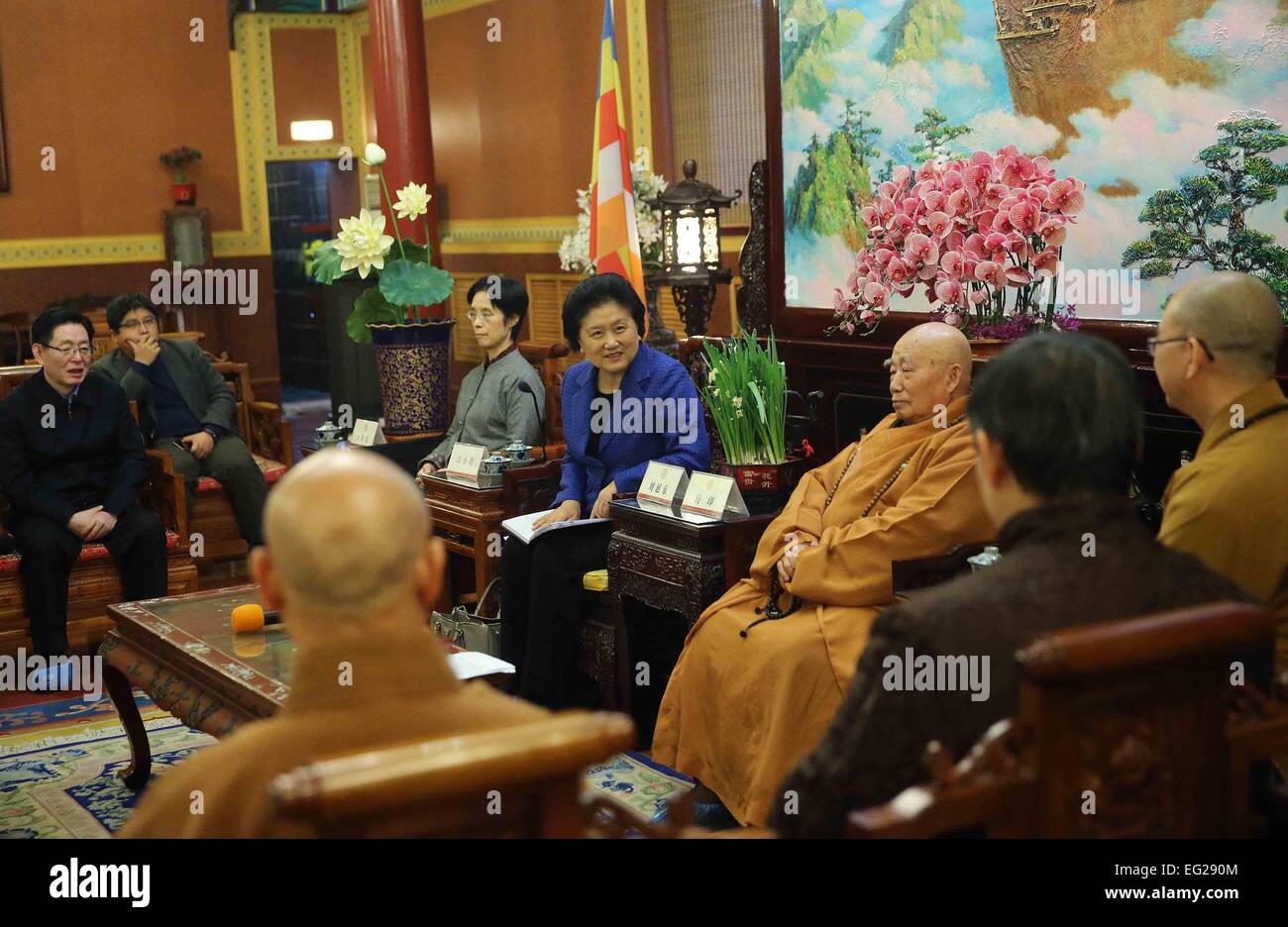 Pechino, Cina. Xiii Febbraio, 2015. Chinese Vice Premier Liu Yandong (vestito blu) visite l'associazione buddista della Cina durante un giro di ispezione sul regolamento per gli affari religiosi, a Pechino, Cina, Feb 13, 2015. © Liu Weibing/Xinhua/Alamy Live News Foto Stock