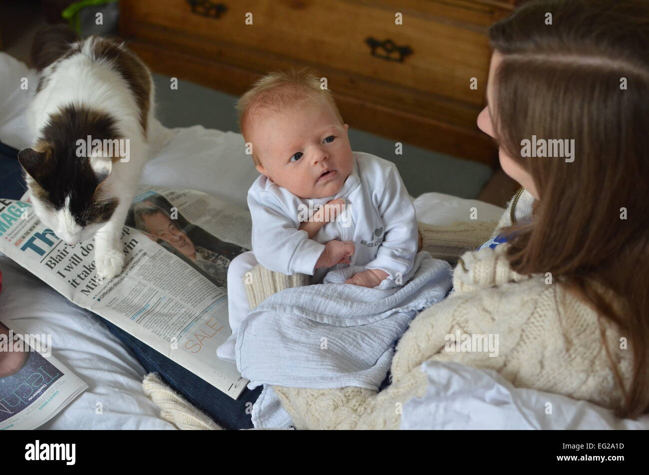 Per un periodo di sette settimane vecchio baby siede sulla sua madre giro di domenica mattina. Foto Stock