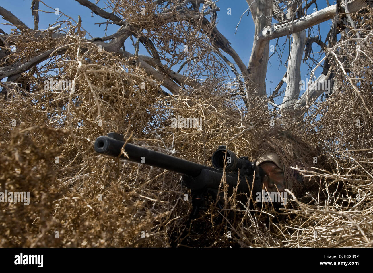 Stati Uniti Air Force Staff Sgt. Alyssa Gomez dimostra un uso corretto di mimetizzata ghillie adatta al Nevada Test e campo di addestramento su 11 maggio 2012. Cecchini indossare tute ghillie per fondersi armoniosamente con i dintorni e nascondono dai nemici o gli obiettivi. Gomez è con la 99th il combattimento a terra Training Squadron. Airman 1. Classe Daniel Hughes Foto Stock