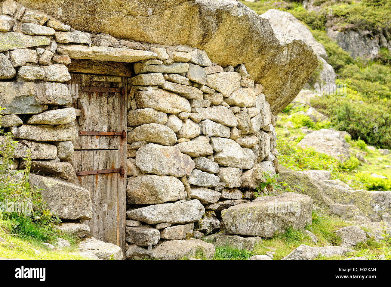 Stone capanna di pastore, in Le Labassa, Parco Nazionale dei Pirenei, tradizionale per la transumanza. Val d'Azun, Hautes Pirenei (Francia) Foto Stock