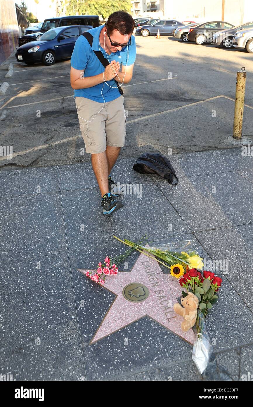 Ventole lasciare fiori e momentos su Lauren Bacall's Hollywood Walk of Fame Star dove: Los Angeles, California, Stati Uniti quando: 12 Ago 2014 Foto Stock