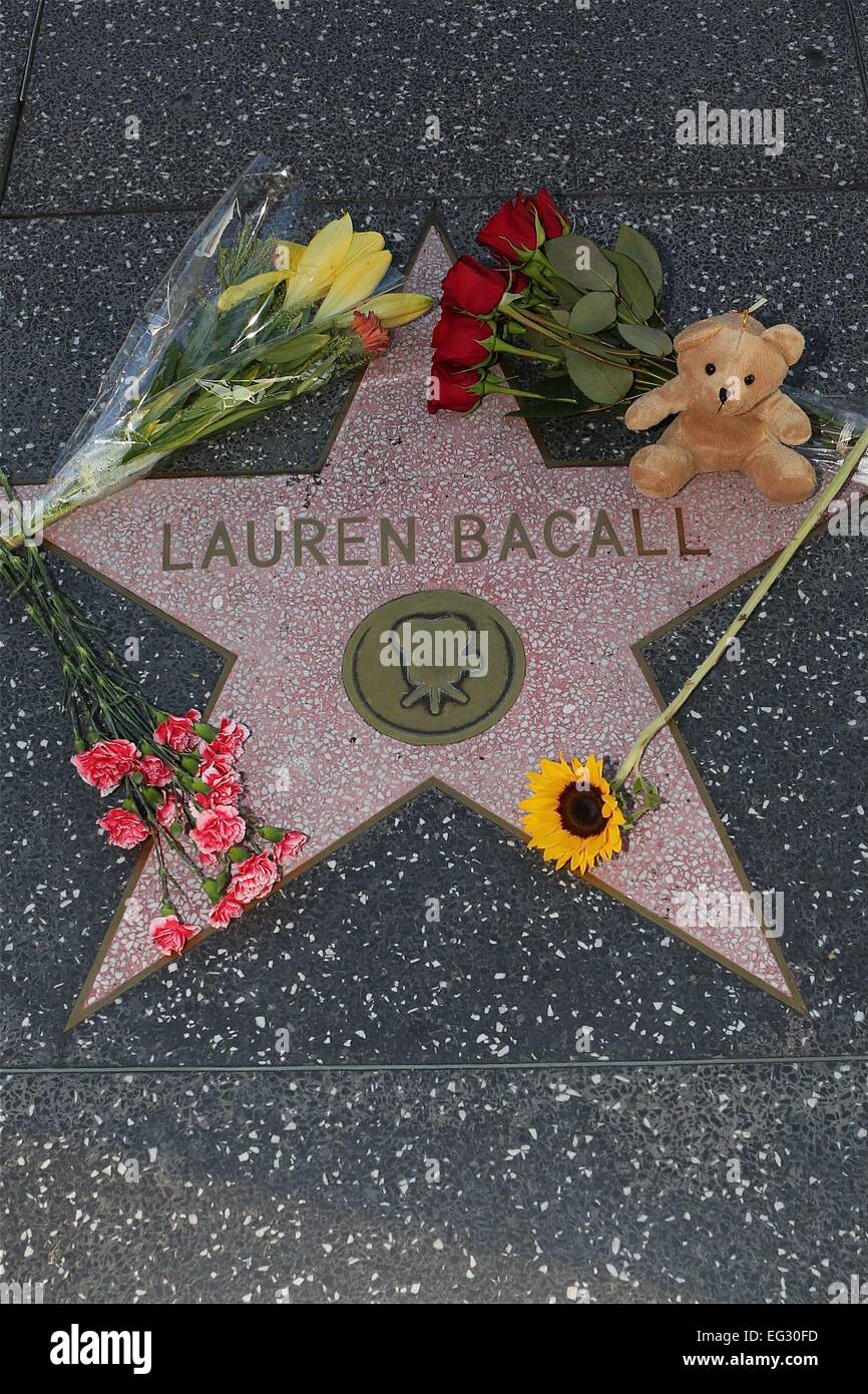 Ventole lasciare fiori e momentos su Lauren Bacall's Hollywood Walk of Fame Star dove: Los Angeles, California, Stati Uniti quando: 12 Ago 2014 Foto Stock