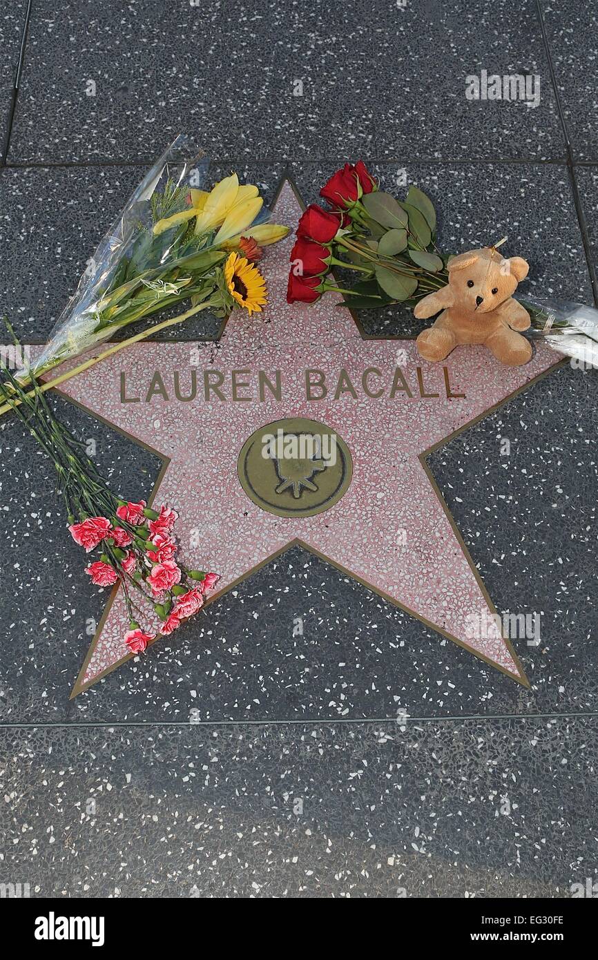 Ventole lasciare fiori e momentos su Lauren Bacall's Hollywood Walk of Fame Star dove: Los Angeles, California, Stati Uniti quando: 12 Ago 2014 Foto Stock