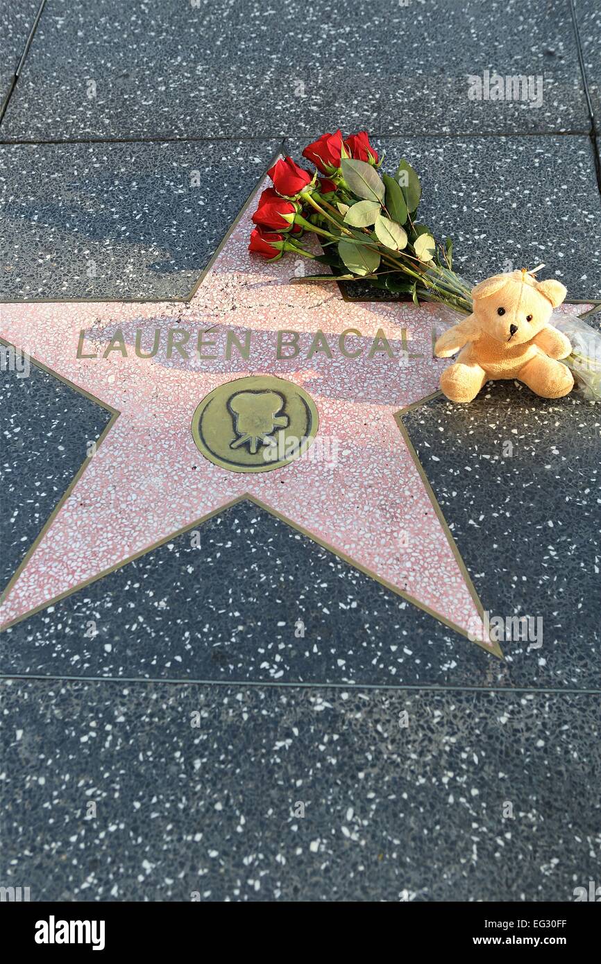 Ventole lasciare fiori e momentos su Lauren Bacall's Hollywood Walk of Fame Star dove: Los Angeles, California, Stati Uniti quando: 12 Ago 2014 Foto Stock