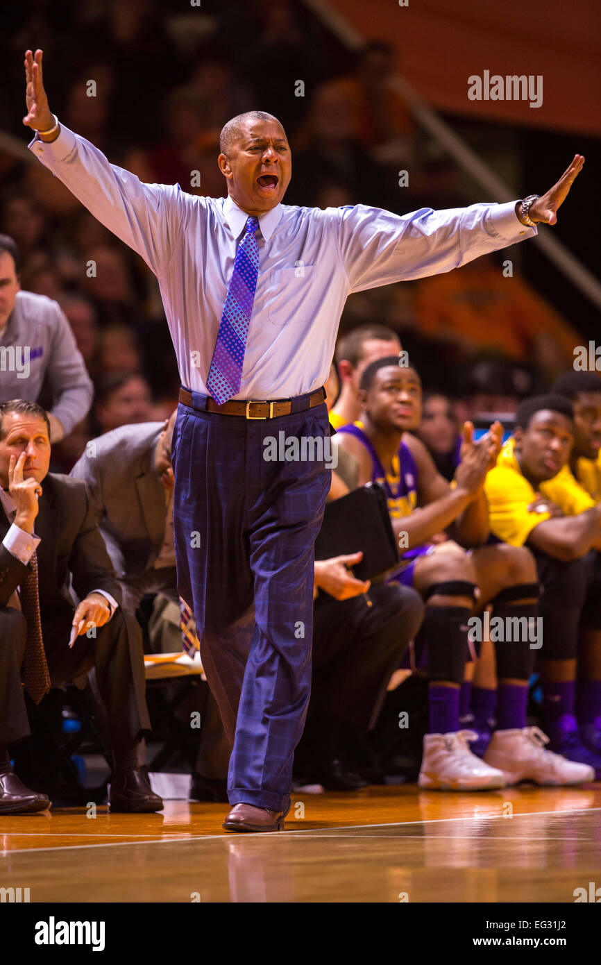 Knoxville, TN, Stati Uniti d'America. Xiv Feb, 2015. head coach Johnny Jones della LSU Tigers durante il NCAA pallacanestro tra la University of Tennessee volontari e l'Università dello stato della Louisiana Tigers a Thompson Boling Arena a Knoxville TN Credito: Cal Sport Media/Alamy Live News Foto Stock