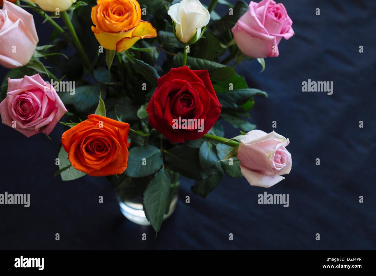 Mazzo di rose colorate in vaso contro la superficie scura Foto Stock