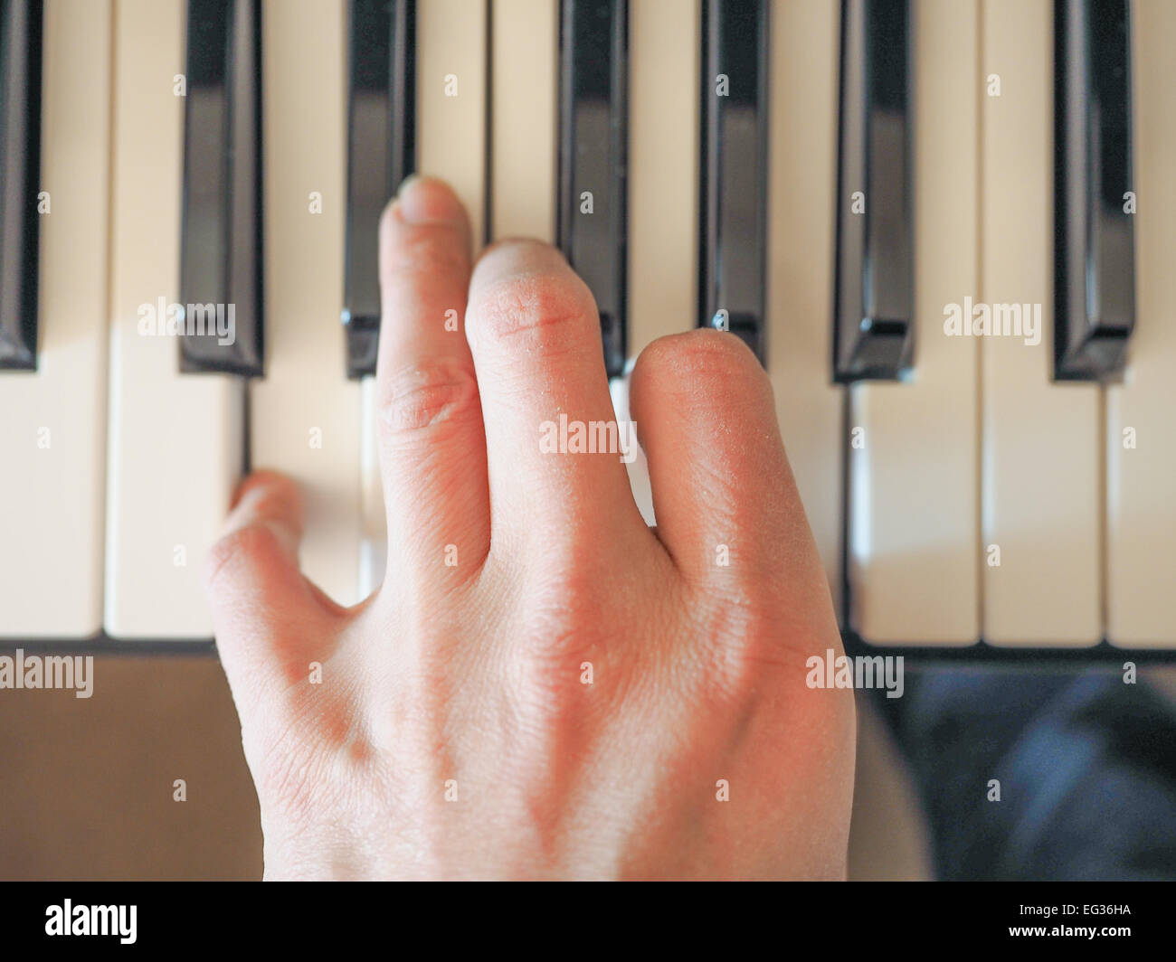 Dettaglio della mano giocando sulla tastiera musicale Foto Stock