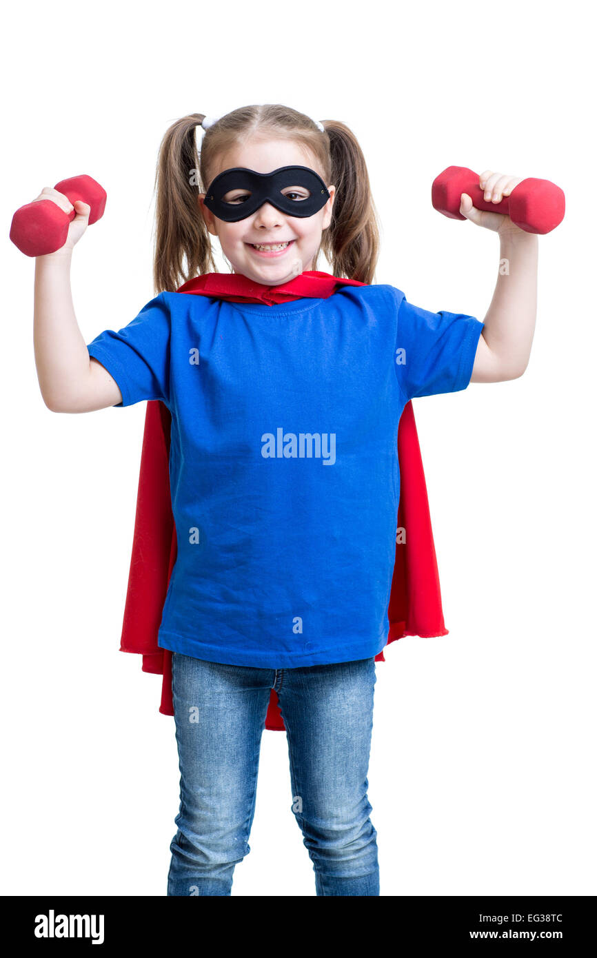 Bambino bambina gioca supereroe e ascensori manubri Foto Stock