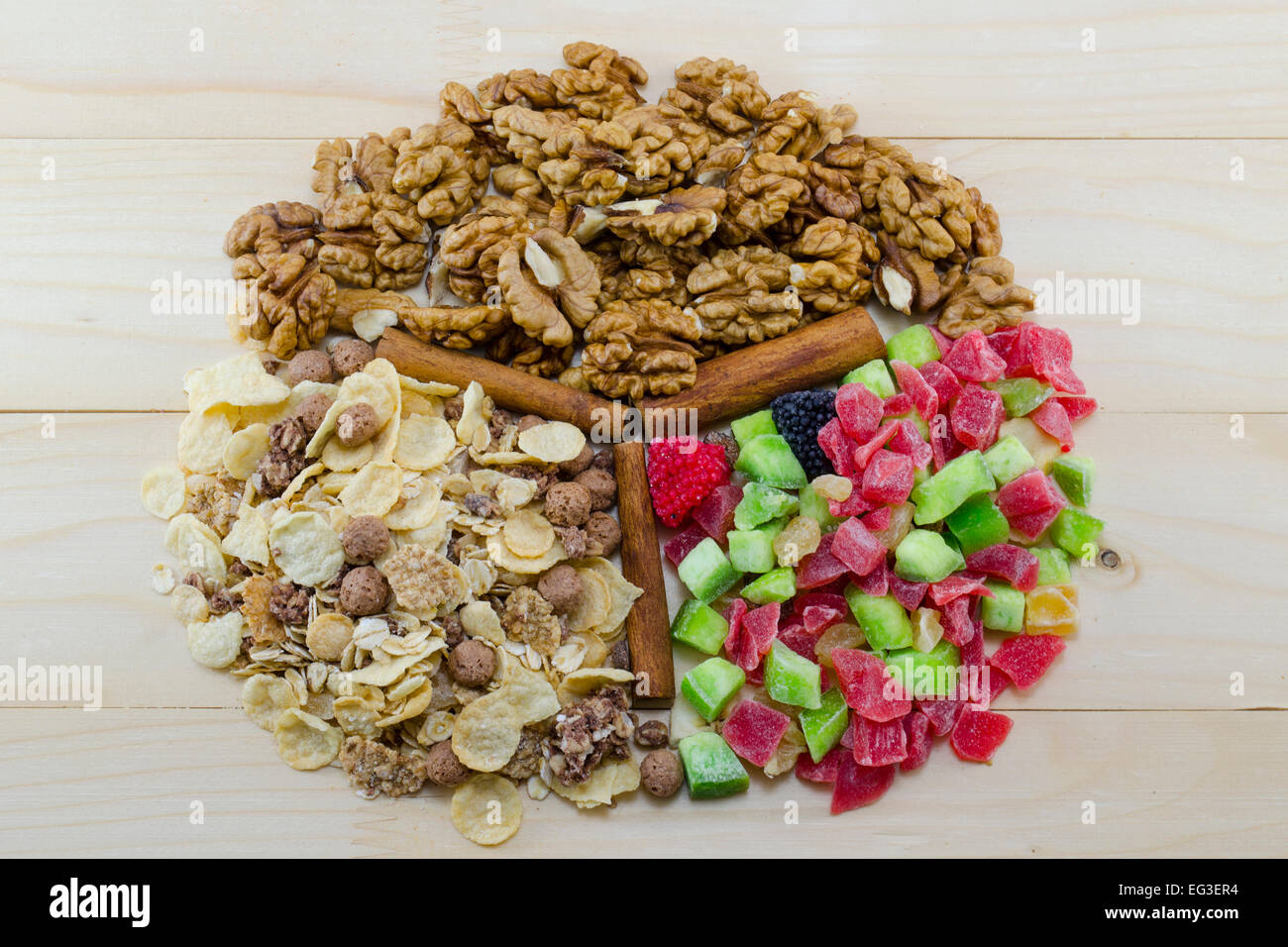 Muesli, di noci e frutta secca e bastoncini di cannella su una tavola di legno Foto Stock