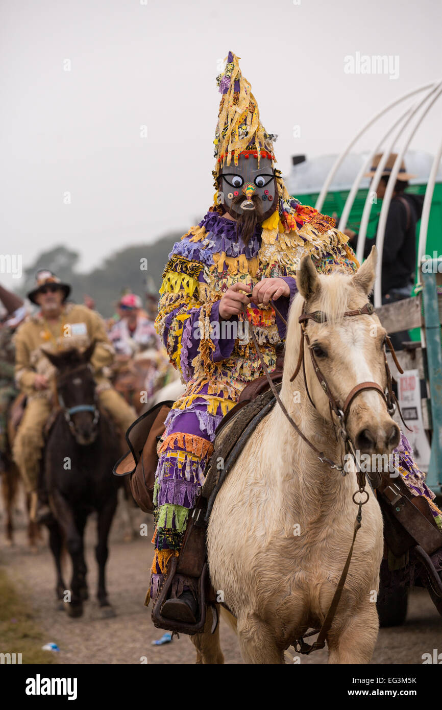 I festaioli a cavallo durante la Cajun Courir de Mardi Gras il pollaio Febbraio 15, 2015 in chiesa il punto, Louisiana. L evento coinvolge 900-cento costume di festeggianti competere per la cattura di un pollo vivo come si muovono di casa in casa per tutta la comunità rurale. Foto Stock