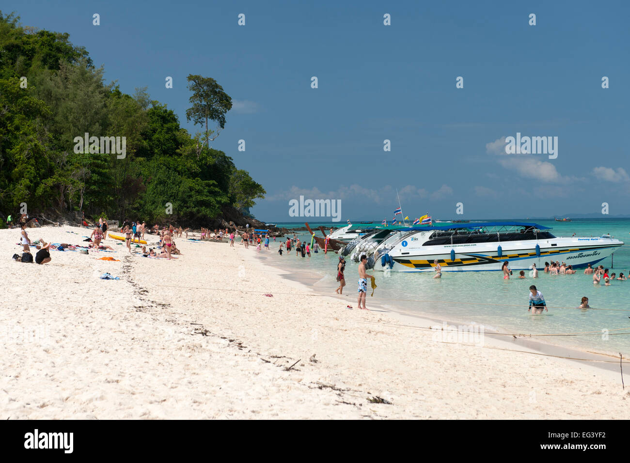 Nuotatori & snorkelling nelle acque di isola di bambù (Ko Mai Phai) vicino a Koh Phi Phi nel Mare delle Andamane sulla costa occidentale della Tailandia Foto Stock