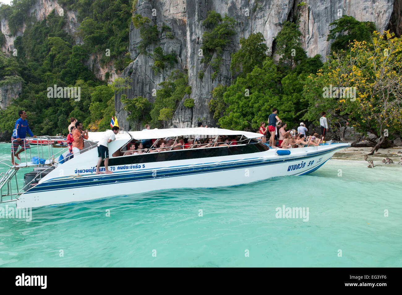 Imbarcazione turistica con turisti fotografare le scimmie su Koh Phi Phi island in Thailandia. Foto Stock
