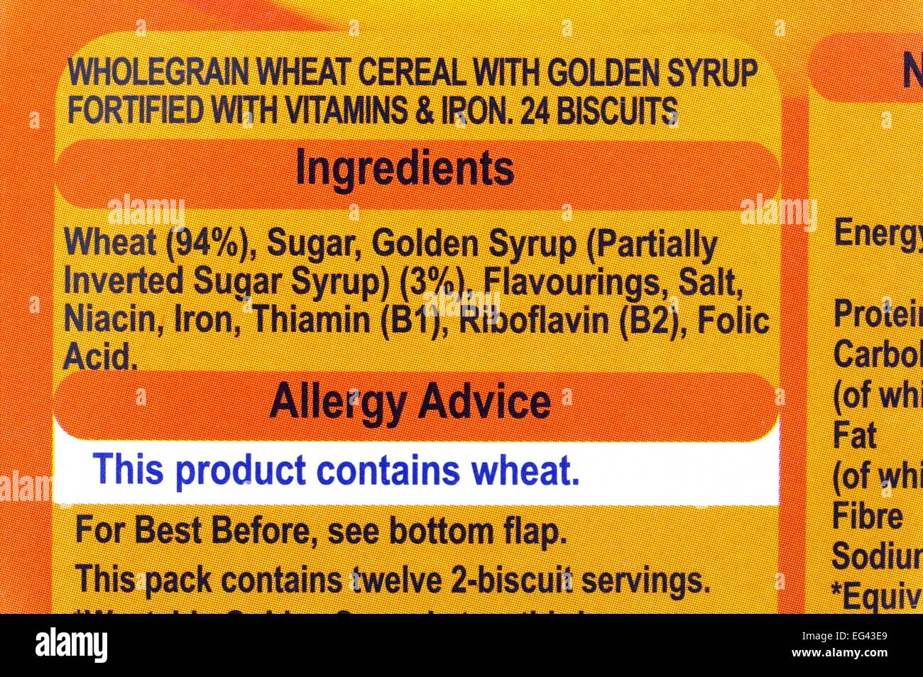 Allergia consigli su una scatola di cereali Weetabix Foto Stock