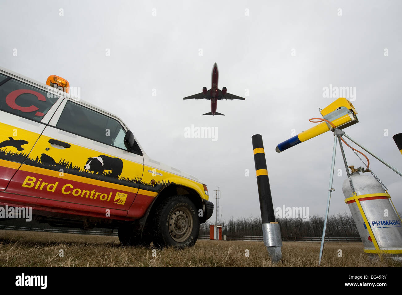 Strumenti cacciare gli uccelli area aeroportuale all'aeroporto di Budapest compresi i suoni cannon Ungheria Marzo 2009 Foto Stock