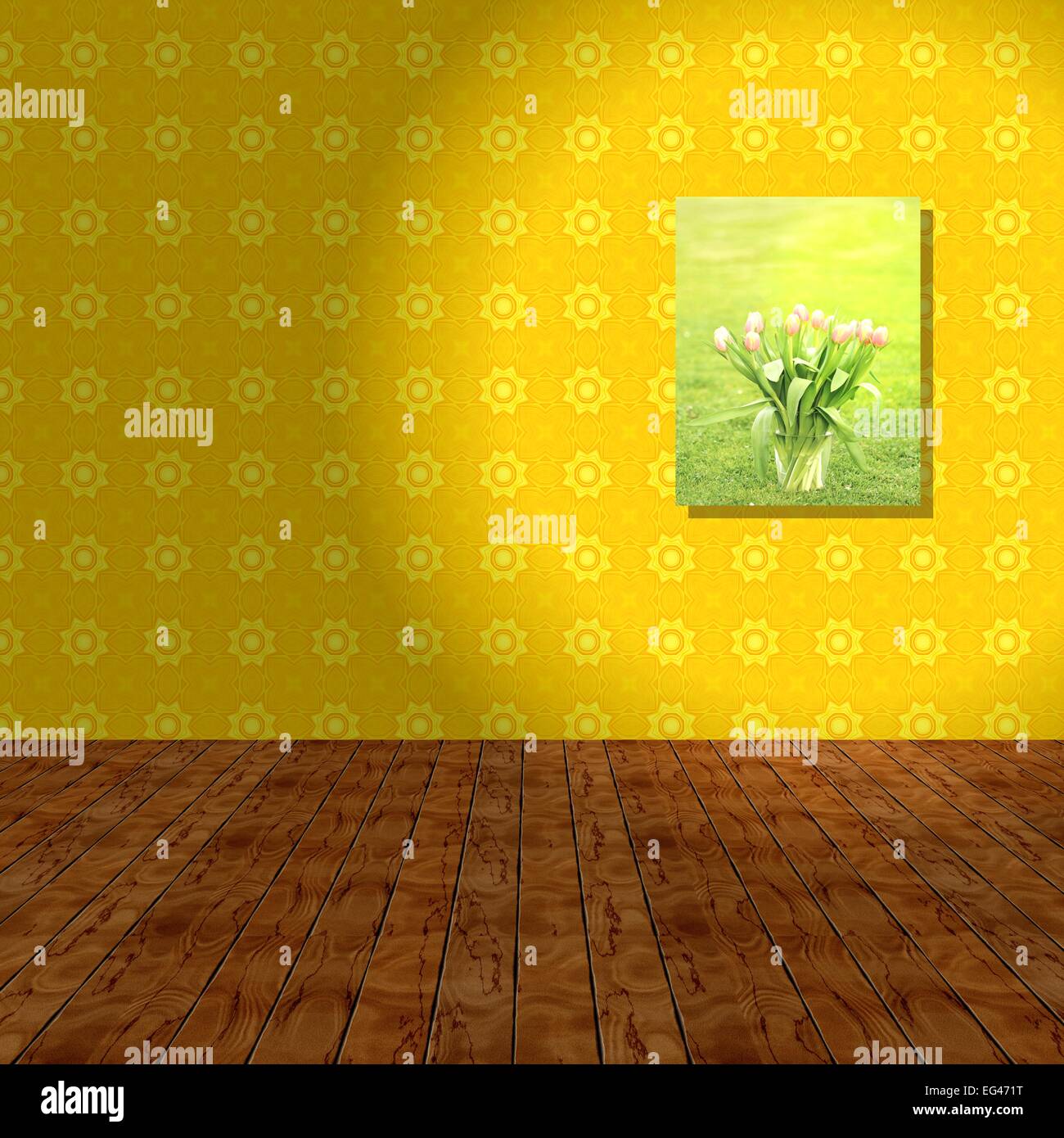 Stanza vuota con parete gialla, sullo sfondo di legno e il gancio dell'immagine. Illustrazione. Foto Stock