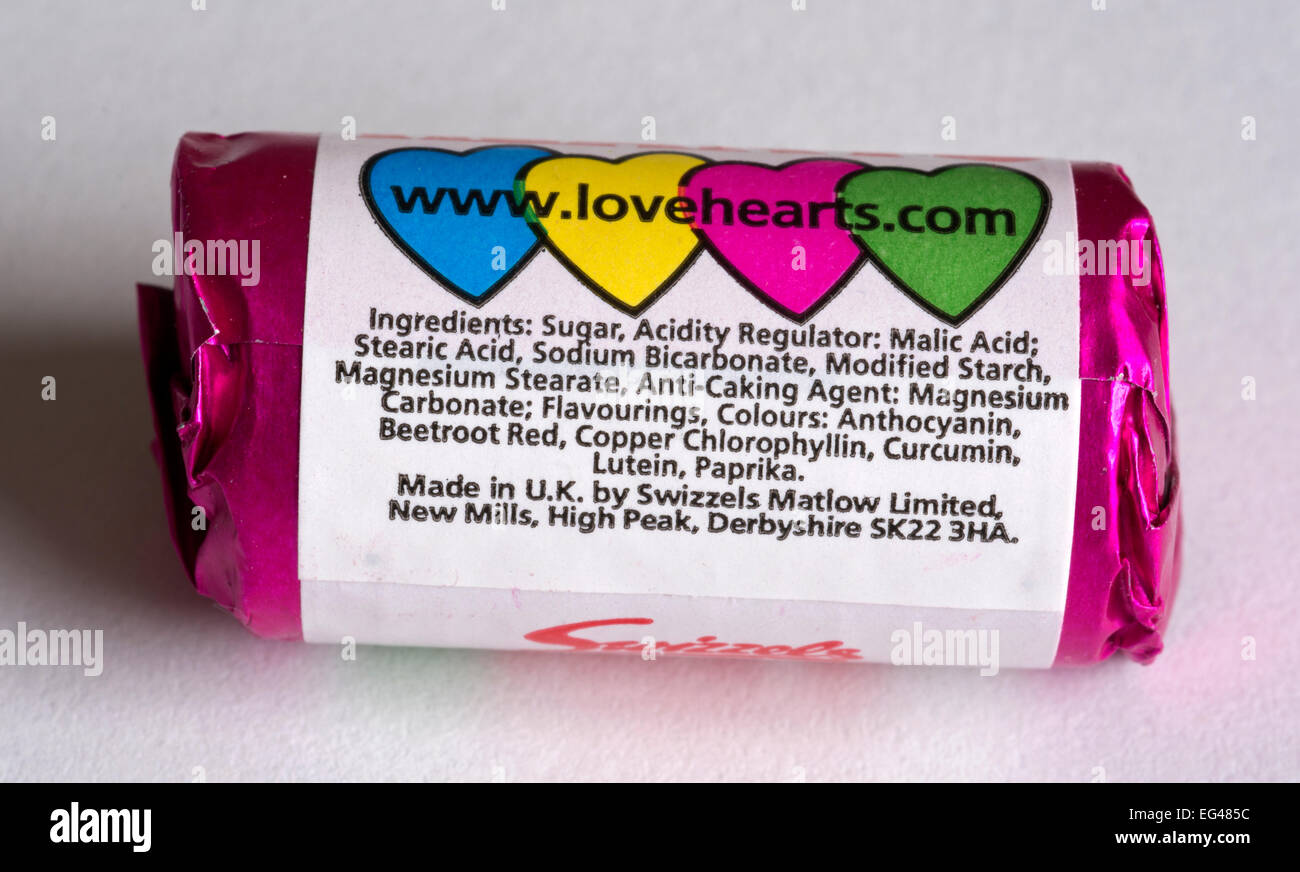 Piccolo pacchetto di amore i Cuori dolci che mostra informazioni sul prodotto. Foto Stock