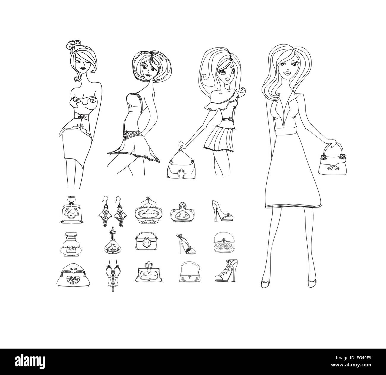Shopping moda doodle icona impostare Illustrazione Vettoriale